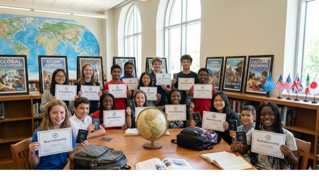 Group of students celebrating what is a Road Scholarship award in university library with global travel elements.