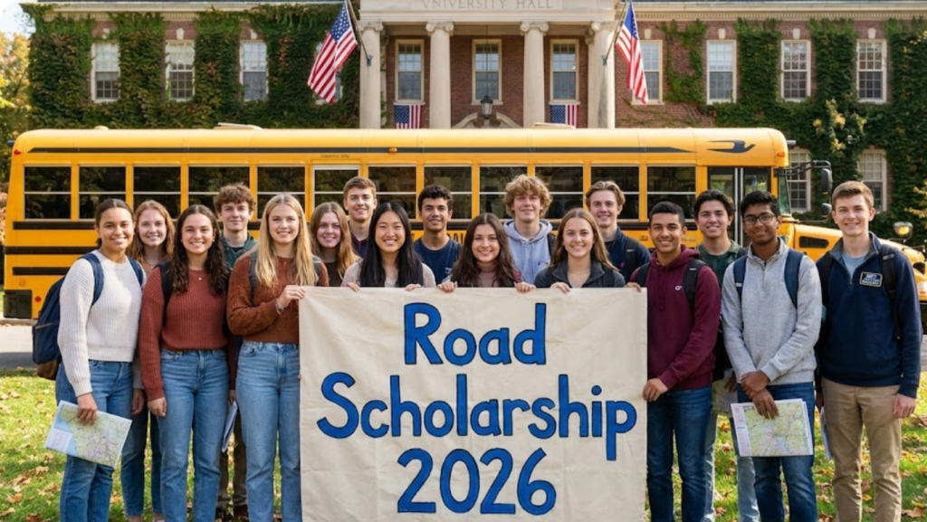 Diverse K-12 students celebrating Road Scholarship award with banner at university campus, evoking educational travel dreams. ​