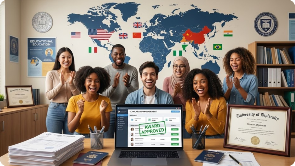 Students reviewing scholarship management portal in university office.