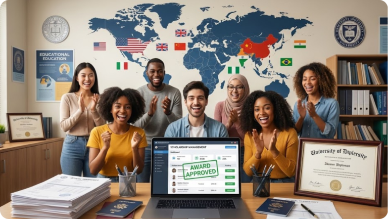 Students reviewing scholarship management portal in university office.