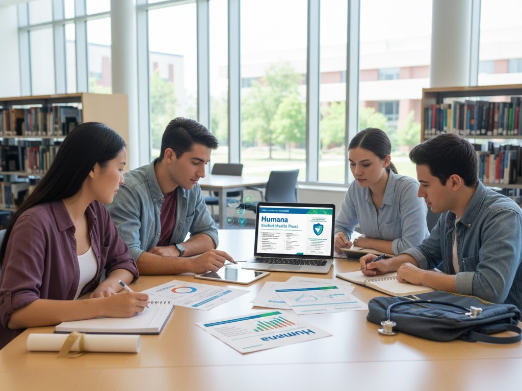 Diverse university students in library studying Humana Insurance plans on devices.