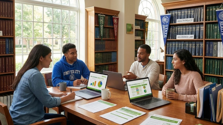 University students studying Humana medical insurance plans in a modern library.