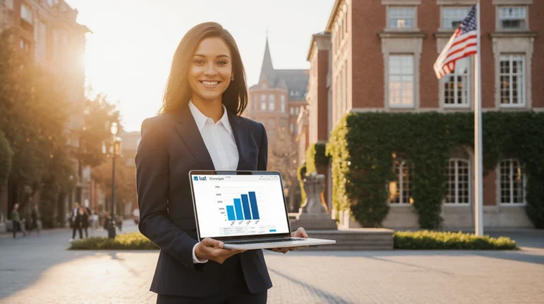 Confident law student on university campus viewing LSAT Demon scholarship predictions on laptop.
