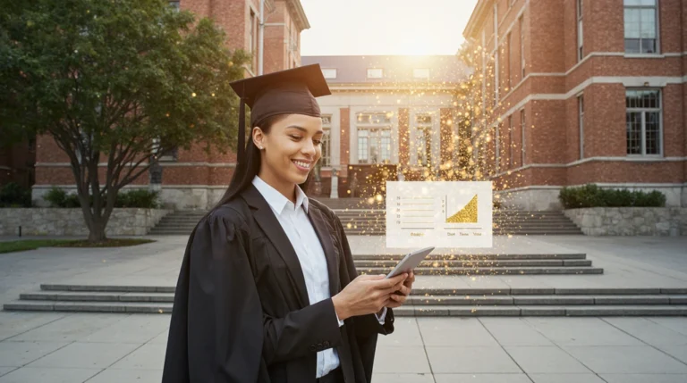 Confident student celebrating scholarship win on university campus.
