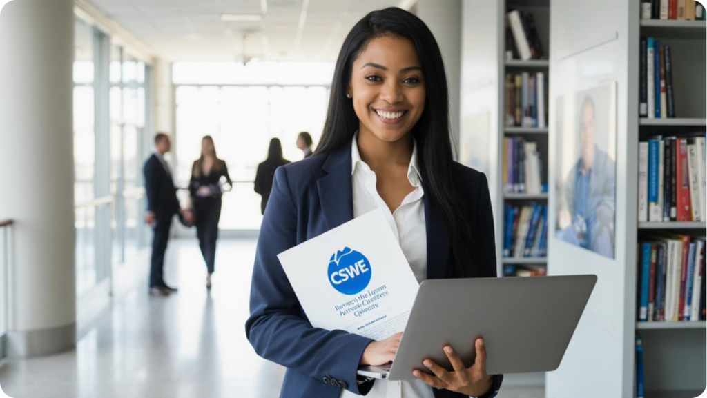 msw scholarships : MSW student celebrating scholarship award in university hallway.