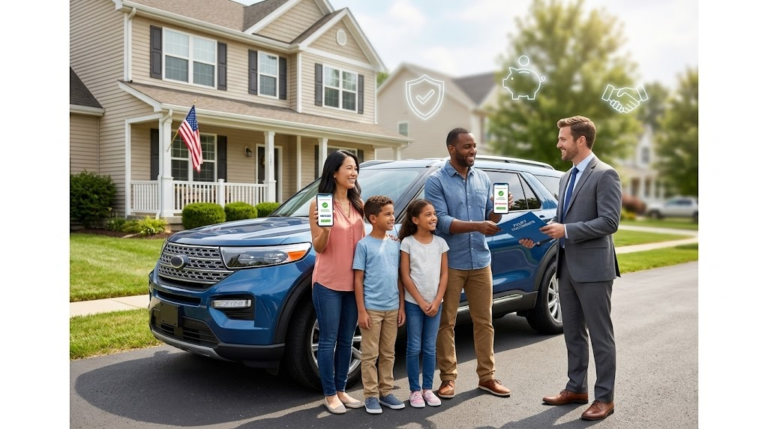 Modern American family comparing car insurance quotes on phones with trusted providers in sunny suburban driveway.