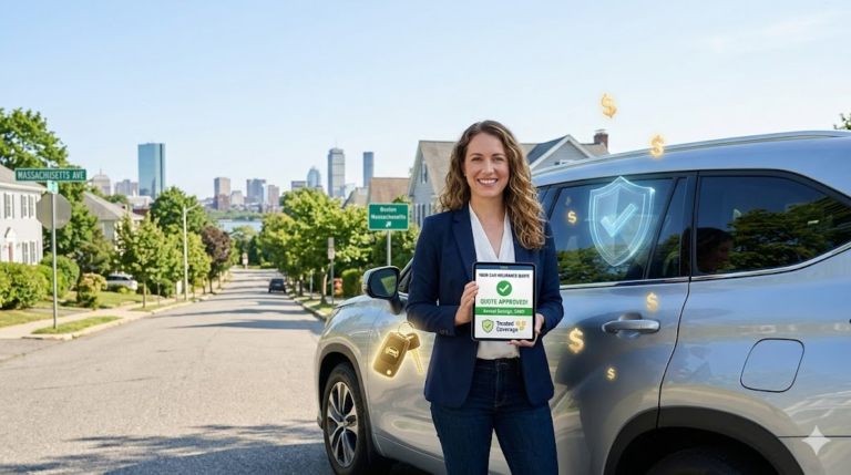 Smiling driver with tablet showing Massachusetts car insurance quotes next to SUV on sunny street.