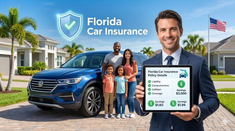 car insurance florida : Family with agent reviewing affordable auto policy in sunny suburban driveway