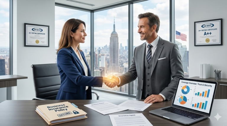 Professional business insurance consultation in modern US office with policy documents and charts, symbolizing trust and financial protection for small businesses. ​