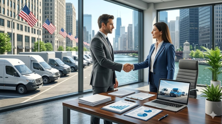 Business owner discussing commercial auto insurance policy with agent in modern US office, fleet vehicles visible outside.