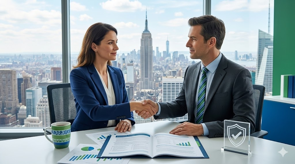 Professional small business insurance consultation in modern US office with agent and owner reviewing policy documents against city skyline.
