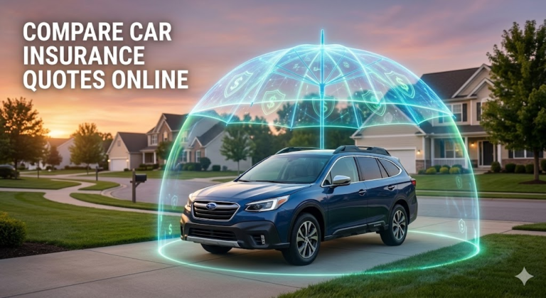 Family car protected by insurance shield in US suburb, comparing online quotes for savings.