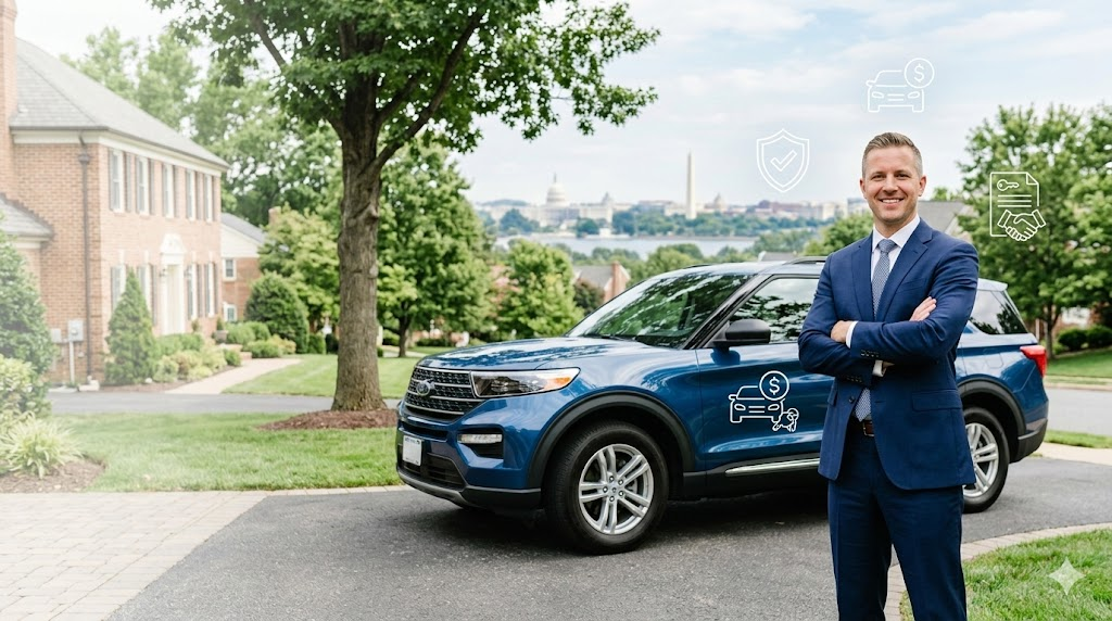 Professional image of a financial advisor in a suit standing next to a modern SUV in a US suburban driveway, Washington DC skyline in background, with floating car insurance icons, clean realistic blog header for 2026 auto insurance guide